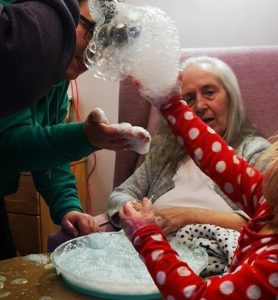 Nursing home activity. sensory foam blowing bubbles for carehome entertainment activity.