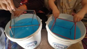 Soap bubble shapes STEM school workshop for science week.