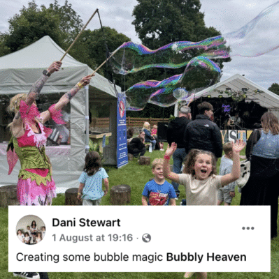 Dani Steward bubble magic with rocket shaped wand social media tag