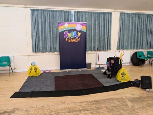 indoor bubble show set up for kids party in Gloucestershire